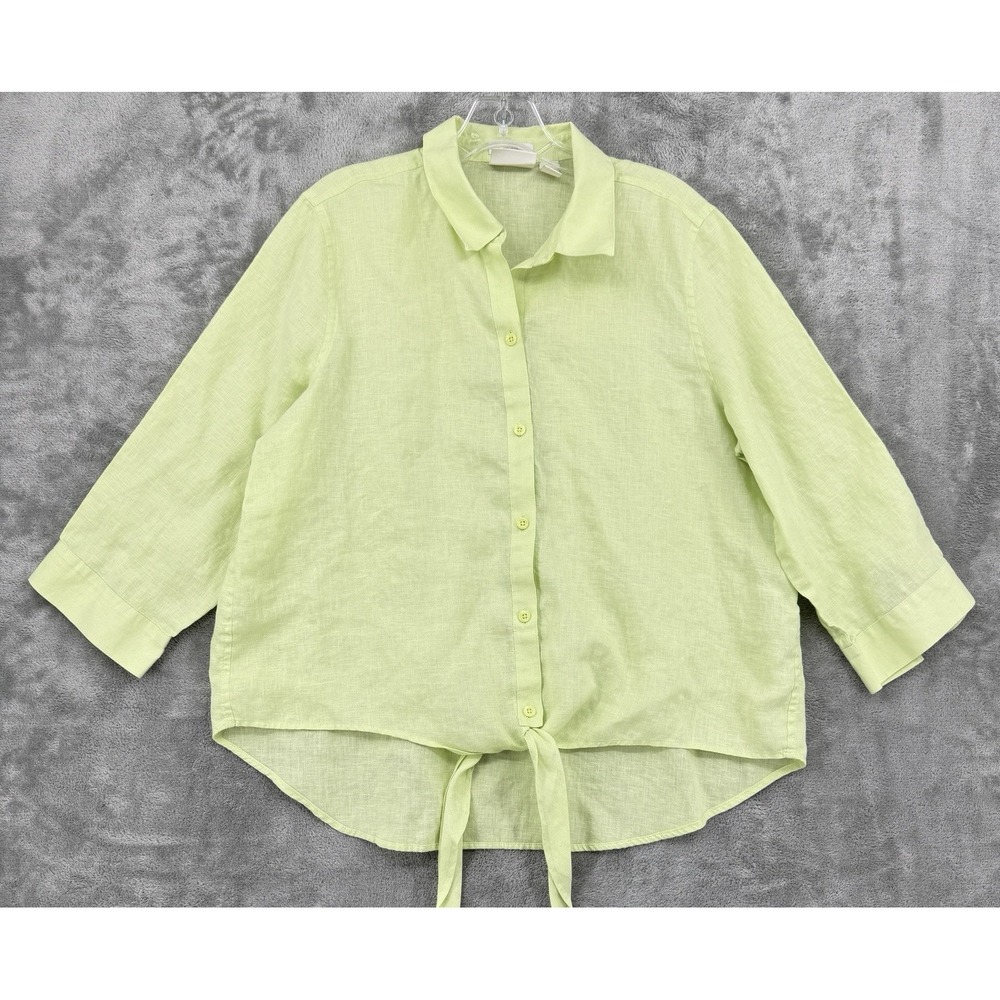 Chicos Blouse 2 US Large No Iron Linen Tie Button Beach Resort Chartreuse Boho